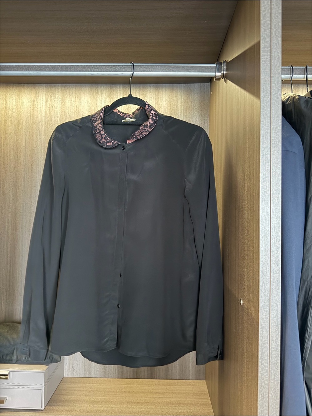 Black Button-Up Blouse with Pink Patterned Collar